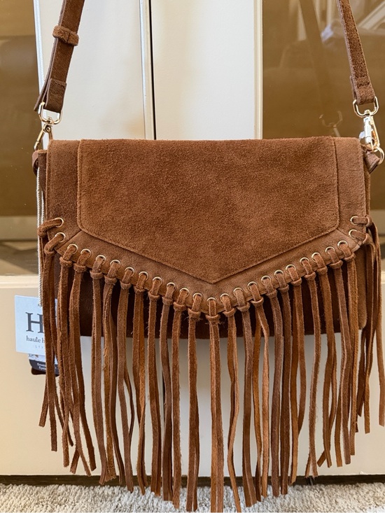 Haute Hippie Handbags - Haute Hippie Women's Tan Genuine Suede Eyelet Fringe Flap Envelope Crossbody Bag